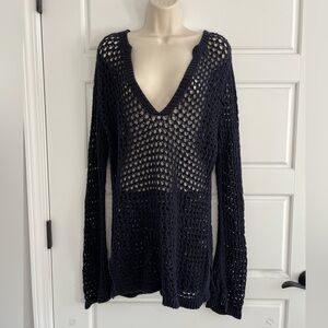 Michael Kors Cotton Navy Deep V Neck Open Knit Crochet Tunic Cover Up Dress XL